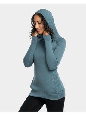 Woolly Stone Blue Pro-Knit Wool Pullover Hoodie Long Sleeve Top Size Medium